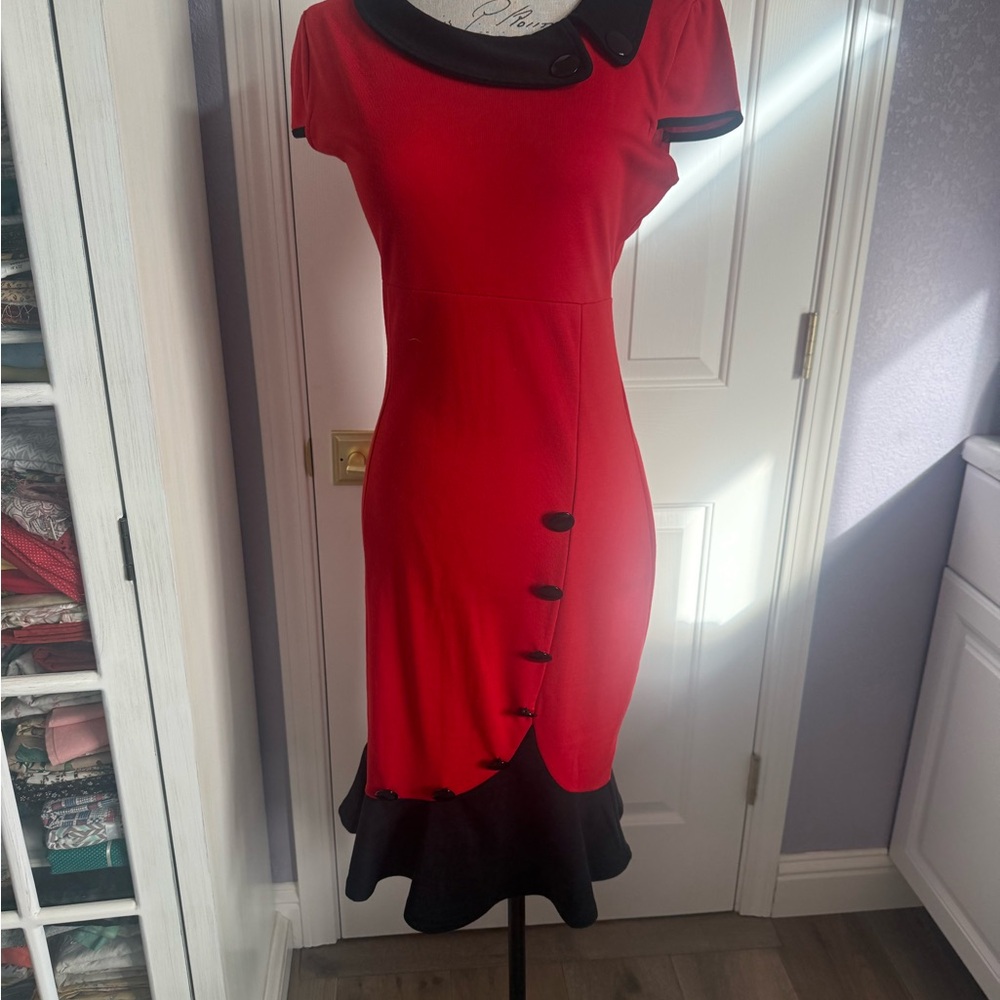 Elegant Red and Black Button Dress
